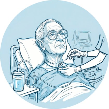 Pflegekraft führt das endotracheale Absaugen von Sekret über eine Trachealkanüle bei einem Patienten durch.