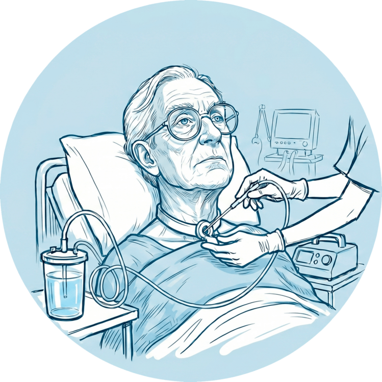 Pflegekraft führt das endotracheale Absaugen von Sekret über eine Trachealkanüle bei einem Patienten durch.