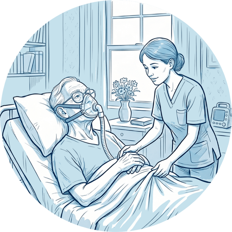 Pflegekraft betreut einen älteren Patienten mit Beatmungsmaske in der außerklinischen Intensivpflege zu Hause.