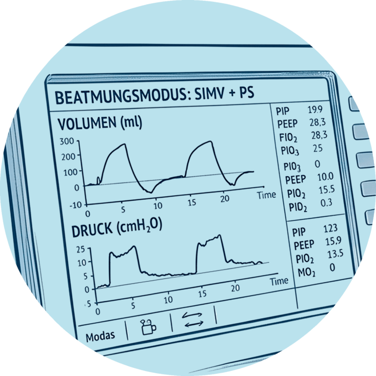 Display eines Beatmungsgeräts mit Anzeige des Beatmungsmodus SIMV und Druck- sowie Volumenkurven.