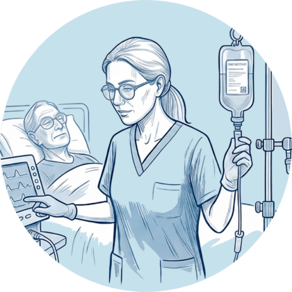 Pflegefachkraft überwacht Infusion und Vitaldaten eines Patienten im Rahmen der medizinischen Behandlungspflege.