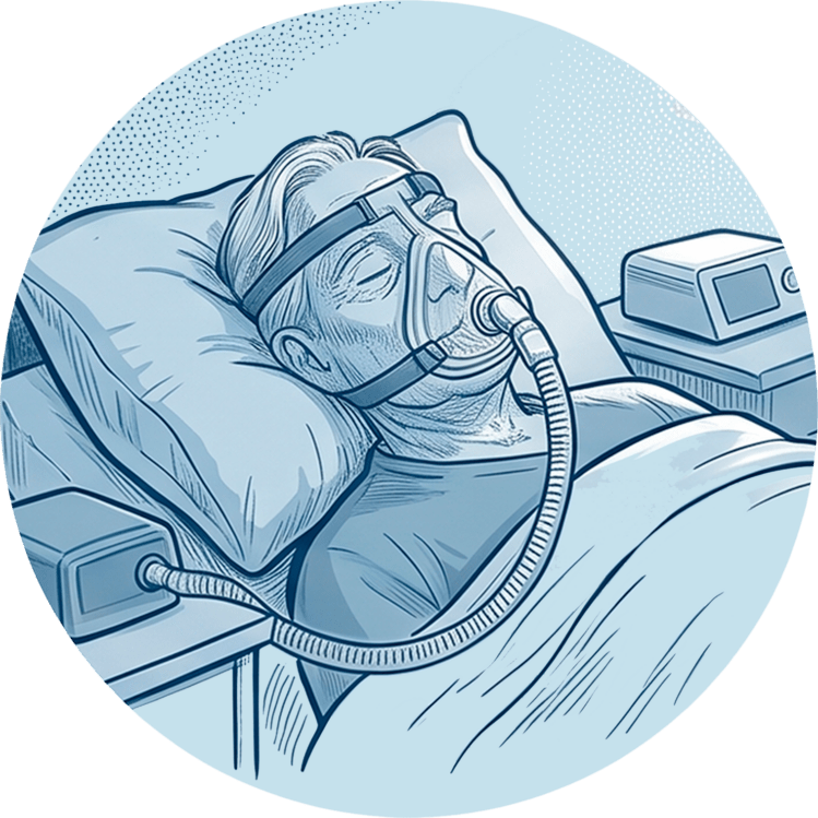 Älterer Mann schläft im Bett mit einer Mund-Nasen-Maske zur nicht-invasiven Beatmung.