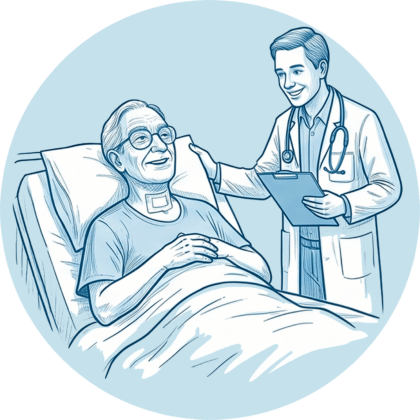 Arzt begleitet lächelnden Patienten nach der Entfernung der Trachealkanüle.
