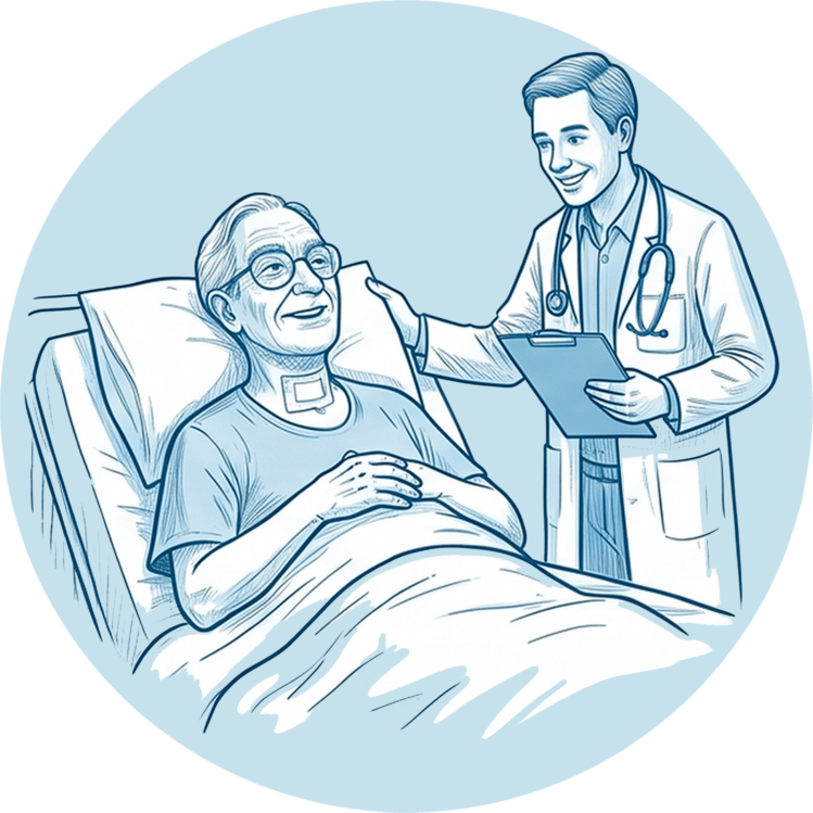 Arzt begleitet lächelnden Patienten nach der Entfernung der Trachealkanüle.