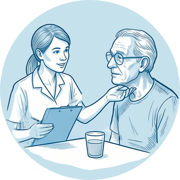 Logopädin untersucht den Schluckakt bei einem Patienten mit Dysphagie.