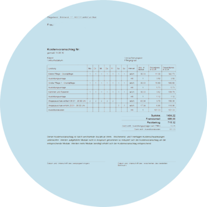 Muster eines Kostenvoranschlags für Pflegedienstleistungen mit Aufschlüsselung der Positionen.