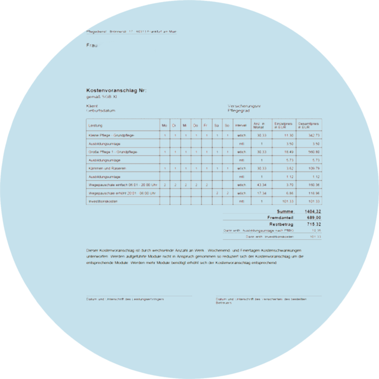 Muster eines Kostenvoranschlags für Pflegedienstleistungen mit Aufschlüsselung der Positionen.