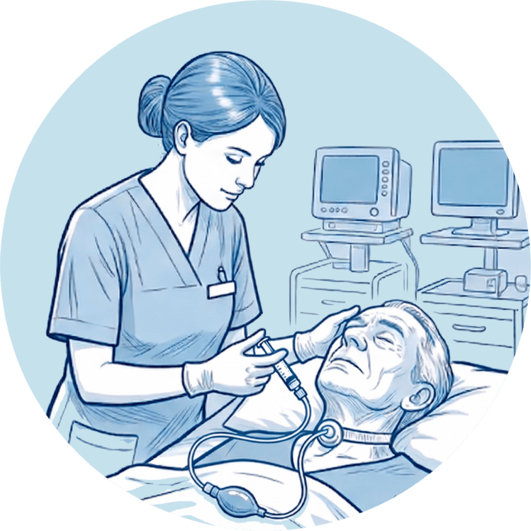Pflegekraft entblockt den Cuff einer Trachealkanüle mit einer Spritze bei einem Patienten im Bett.