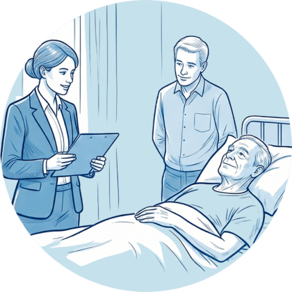 Mitarbeiterin des Sozialdienstes bespricht das Entlassmanagement mit einem Patienten im Krankenbett und seinem Angehörigen.