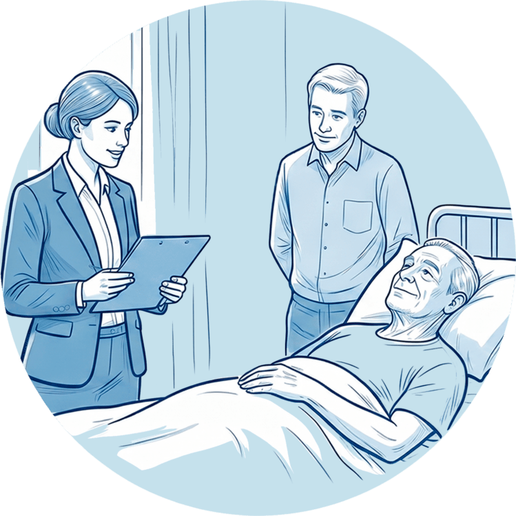 Mitarbeiterin des Sozialdienstes bespricht das Entlassmanagement mit einem Patienten im Krankenbett und seinem Angehörigen.