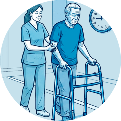 Physiotherapeutin unterstützt einen Patienten mit Guillain-Barré-Syndrom beim Gehtraining mit einer Gehhilfe.