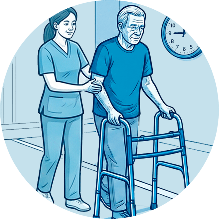 Physiotherapeutin unterstützt einen Patienten mit Guillain-Barré-Syndrom beim Gehtraining mit einer Gehhilfe.