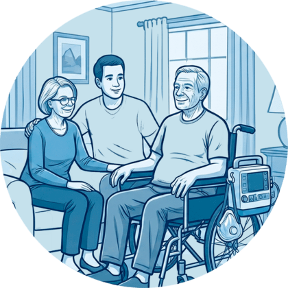 Senior im Rollstuhl mit mobilem Heimbeatmungsgerät im Kreise seiner Familie zu Hause.