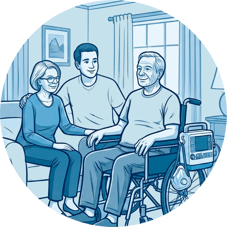 Senior im Rollstuhl mit mobilem Heimbeatmungsgerät im Kreise seiner Familie zu Hause.