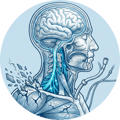 Anatomische Darstellung des Nervensystems bei ALS mit Hervorhebung von Gehirn, Nervenbahnen und Beatmungsschläuchen.