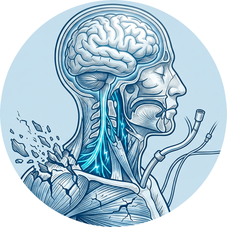 Anatomische Darstellung des Nervensystems bei ALS mit Hervorhebung von Gehirn, Nervenbahnen und Beatmungsschläuchen.
