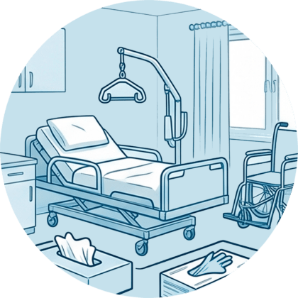 Pflegezimmer mit Pflegebett, Aufrichter, Rollstuhl und Pflegehilfsmitteln zum Verbrauch wie Einmalhandschuhen.