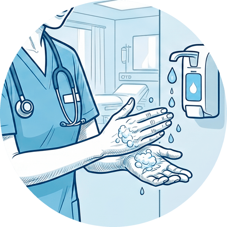 Pflegekraft führt eine hygienische Händedesinfektion an einem Desinfektionsmittelspender durch.