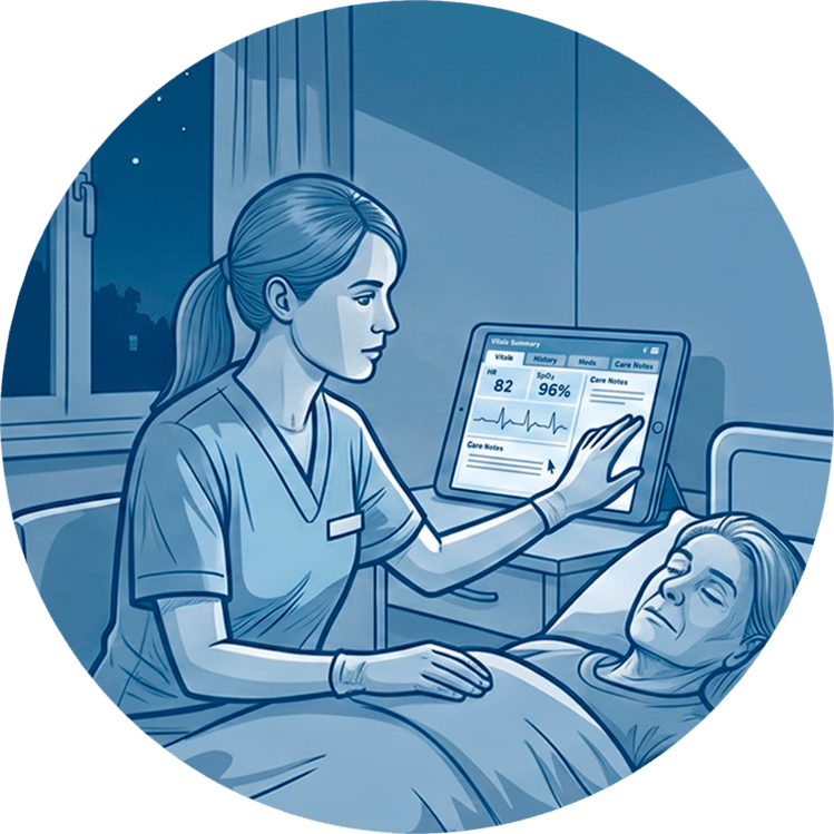 Pflegekraft überwacht nachts die Vitalwerte eines Patienten zur Gewährleistung der Interventionsbereitschaft.