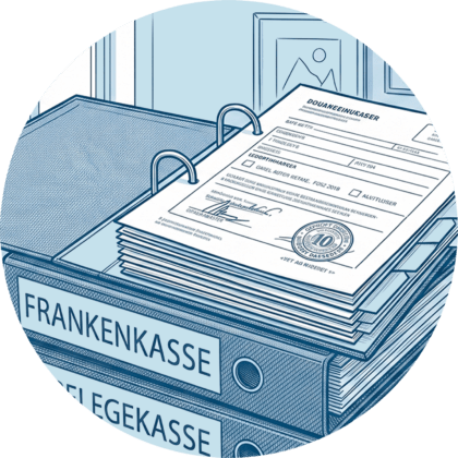 Ordner mit der Aufschrift Krankenkasse und Pflegekasse sowie Dokumente zur Antragstellung.