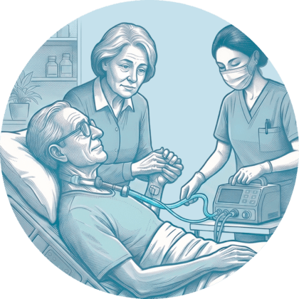 Pflegekraft bedient ein Beatmungsgerät, während eine Angehörige die Hand eines intensivpflegebedürftigen Patienten hält.