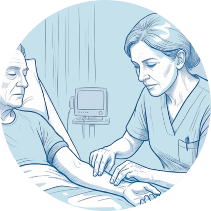 Pflegekraft tastet den Puls eines älteren Patienten zur fachgerechten Krankenbeobachtung am Krankenbett.