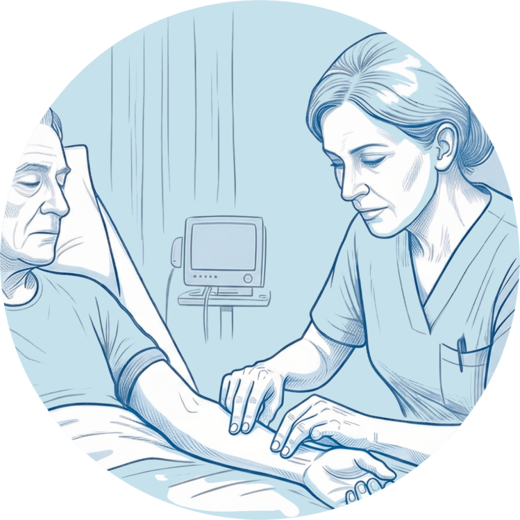 Pflegekraft tastet den Puls eines älteren Patienten zur fachgerechten Krankenbeobachtung am Krankenbett.