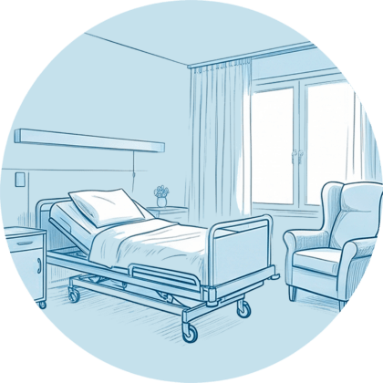 Ein helles, modern eingerichtetes Pflegezimmer mit Pflegebett und einem Sessel für die Kurzzeitpflege.