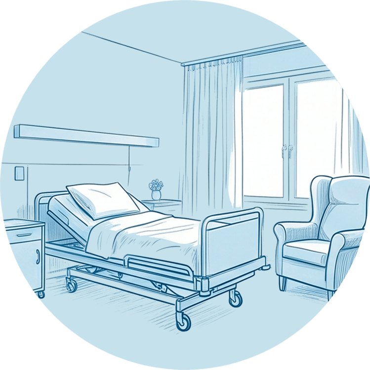 Ein helles, modern eingerichtetes Pflegezimmer mit Pflegebett und einem Sessel für die Kurzzeitpflege.