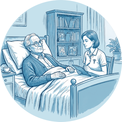 Gutachterin des Medizinischen Dienstes führt ein Begutachtungsgespräch mit einem Patienten im Krankenbett.