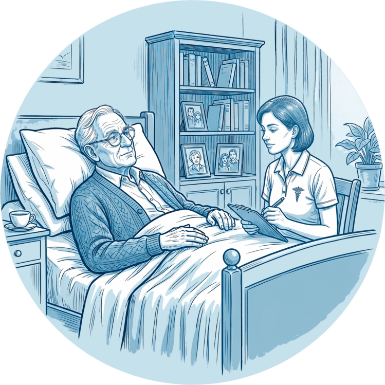 Gutachterin des Medizinischen Dienstes führt ein Begutachtungsgespräch mit einem Patienten im Krankenbett.