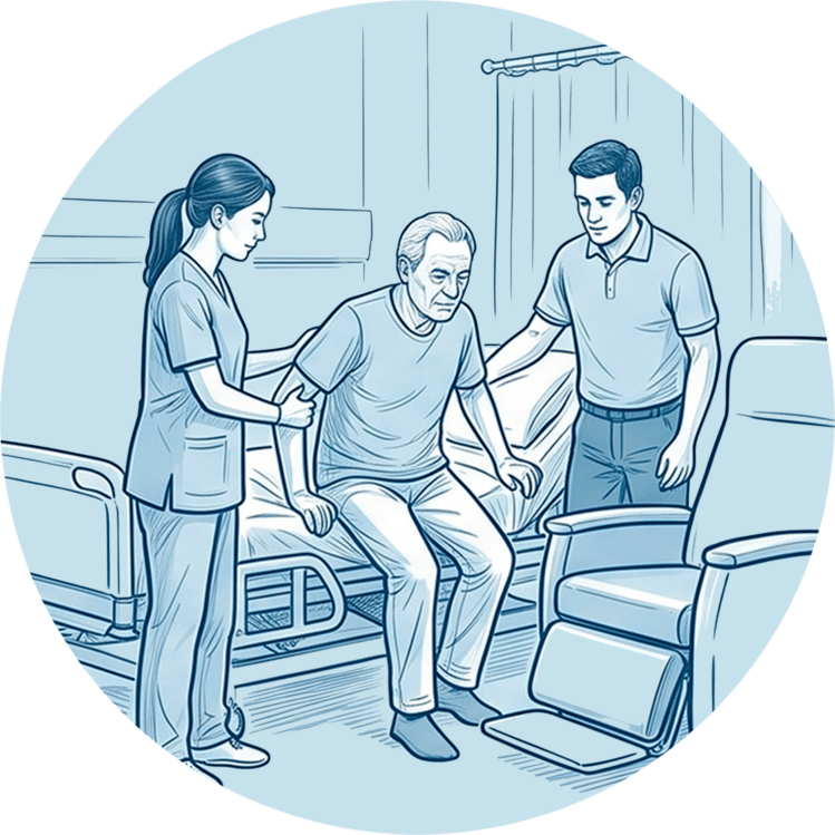 Zwei Pflegekräfte unterstützen einen älteren Patienten beim Aufstehen von der Bettkante in einen Mobilisationsstuhl.