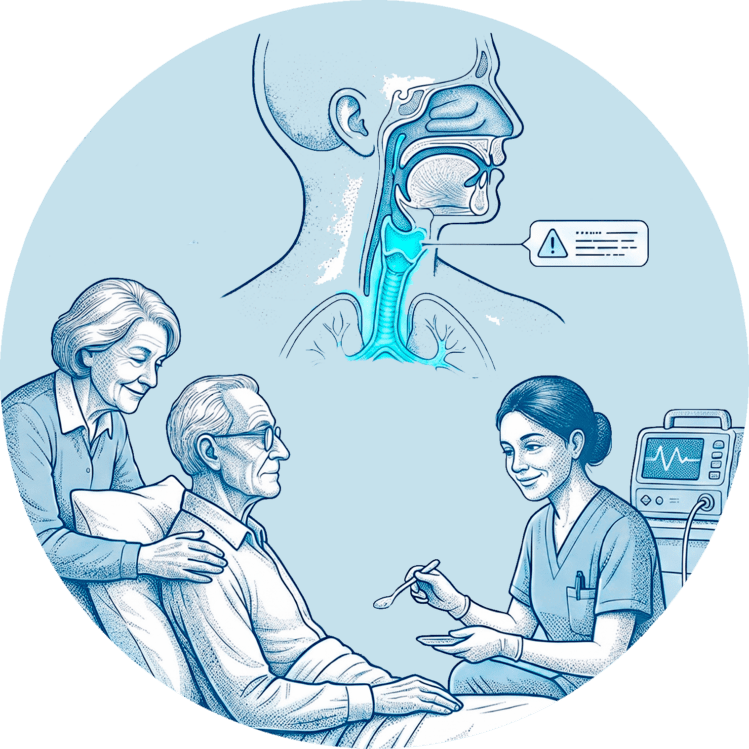 Pflegekraft füttert einen Patienten im Beisein einer Angehörigen; oben eine schematische Darstellung der Atemwege zur Aspiration.