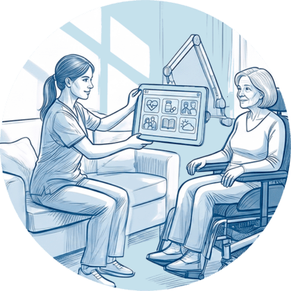 Pflegekraft zeigt einer MS-Patientin im Rollstuhl Unterstützungsmöglichkeiten auf einem digitalen Tablet.