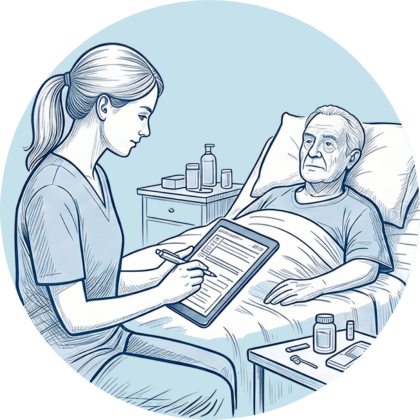 Pflegekraft dokumentiert am Krankenbett eines älteren Patienten digitale Pflegeberichte auf einem Tablet.