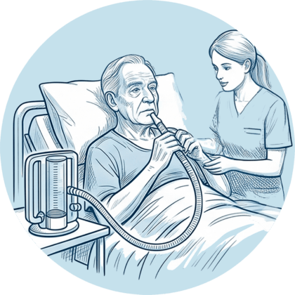 Eine Pflegekraft unterstützt einen älteren Patienten im Bett bei Atemübungen mit einem Spirometer zur Pneumonieprophylaxe.