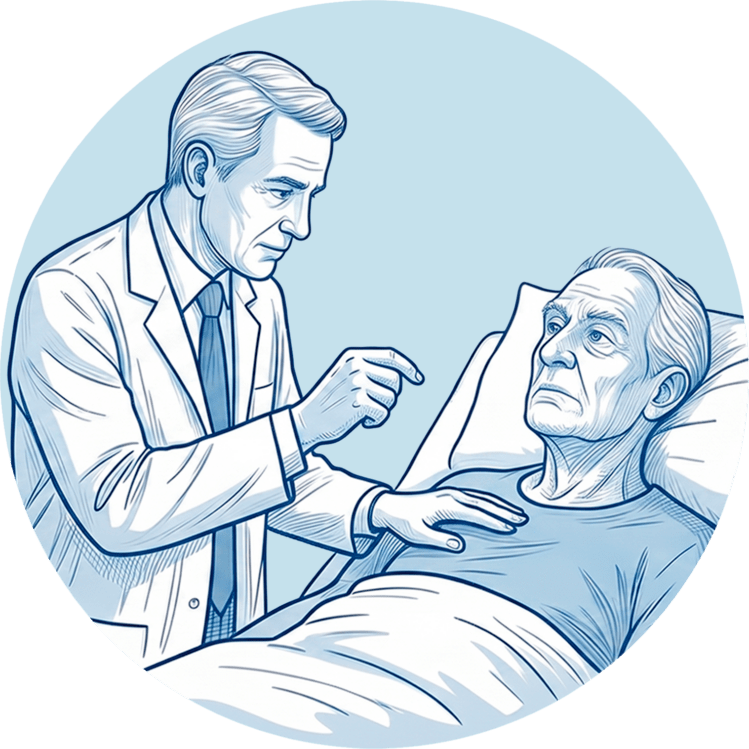 Ein Arzt führt eine Potenzialerhebung im Gespräch und bei der Untersuchung eines liegenden Patienten durch.