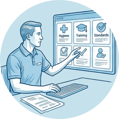 Ein Qualitätsmanager am Schreibtisch bedient ein digitales Dashboard mit Modulen für Hygiene, Training und Pflegestandards.