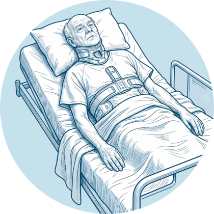 Ein Mann mit Zervikalstütze und Oberkörper-Orthese liegt im Krankenbett nach einer Rückenmarksverletzung.
