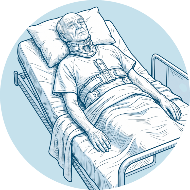 Ein Mann mit Zervikalstütze und Oberkörper-Orthese liegt im Krankenbett nach einer Rückenmarksverletzung.