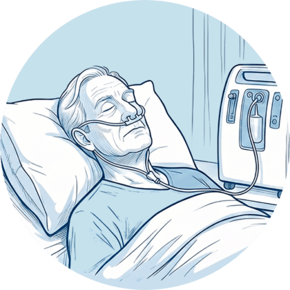 Ein älterer Mann liegt im Bett und erhält Sauerstoff über eine Nasenbrille, die an einen Sauerstoffkonzentrator angeschlossen ist.