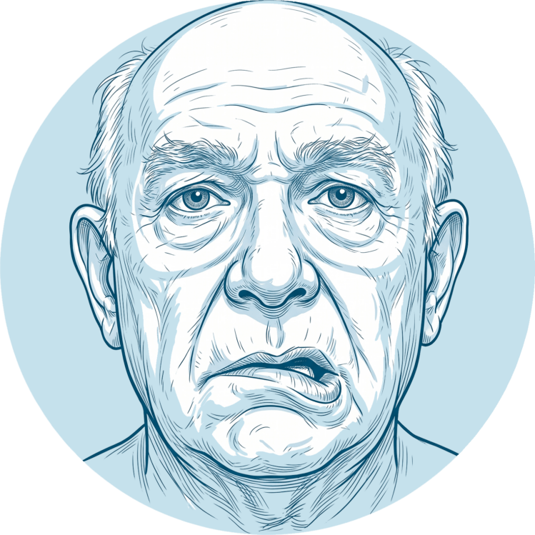 Illustration eines älteren Mannes mit einseitiger Gesichtslähmung als typisches Symptom eines Schlaganfalls.