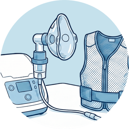 Medizinisches Inhalationsgerät mit Atemmaske und einer Oszillationsweste zur Sekretmobilisation im Rahmen des Sekretmanagements.