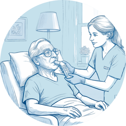 Pflegekraft unterstützt einen älteren Patienten bei der Atemtherapie mit einem Atemtrainer.
