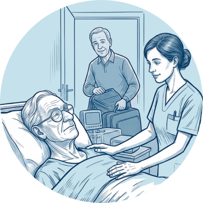 Eine Pflegekraft versorgt einen älteren Patienten im Bett, während ein Angehöriger mit gepacktem Koffer das Zimmer für eine Auszeit verlässt.