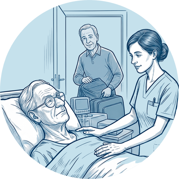 Eine Pflegekraft versorgt einen älteren Patienten im Bett, während ein Angehöriger mit gepacktem Koffer das Zimmer für eine Auszeit verlässt.