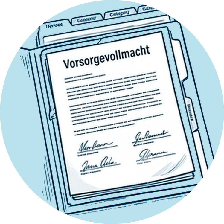 Das schriftliche Dokument einer Vorsorgevollmacht mit Unterschriften in einem Ordner.